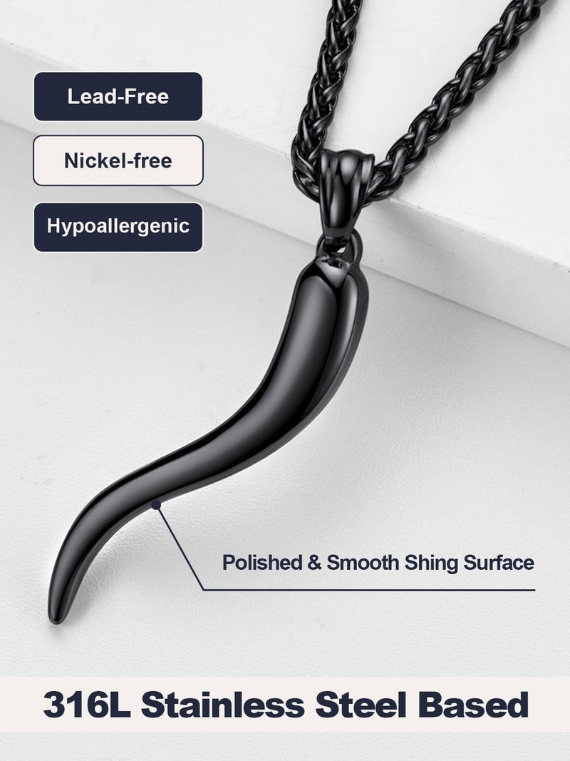 U7 Italian Corno Horn Pendant Ion Plating Black Spiga Wheat Chain Lucky Amulet Necklace for Men Women - Image 3